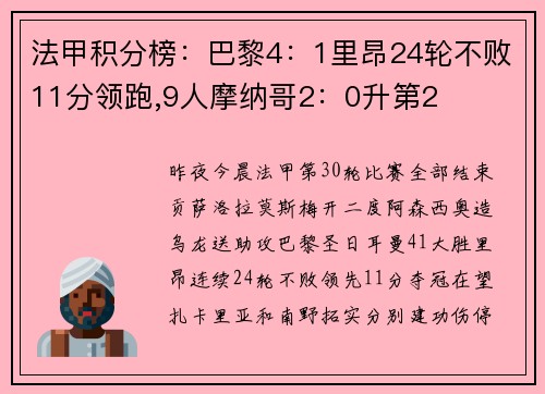 法甲积分榜：巴黎4：1里昂24轮不败11分领跑,9人摩纳哥2：0升第2