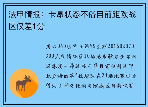 法甲情报：卡昂状态不俗目前距欧战区仅差1分